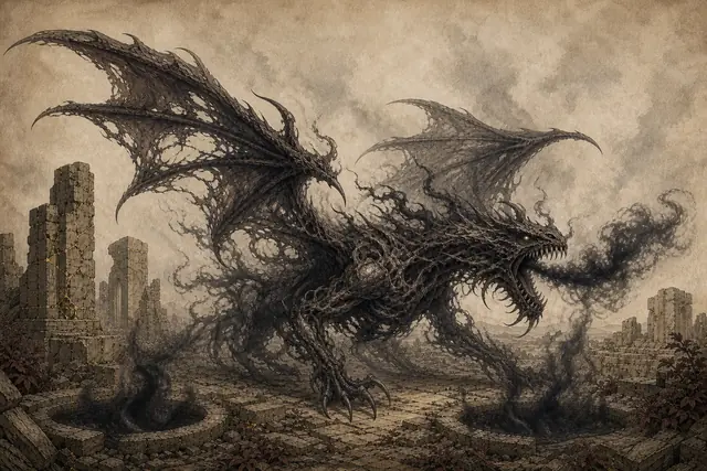 An Abyssal Drake emerges between pools of shadow at an abandoned pact site, dimming the surrounding daylight.