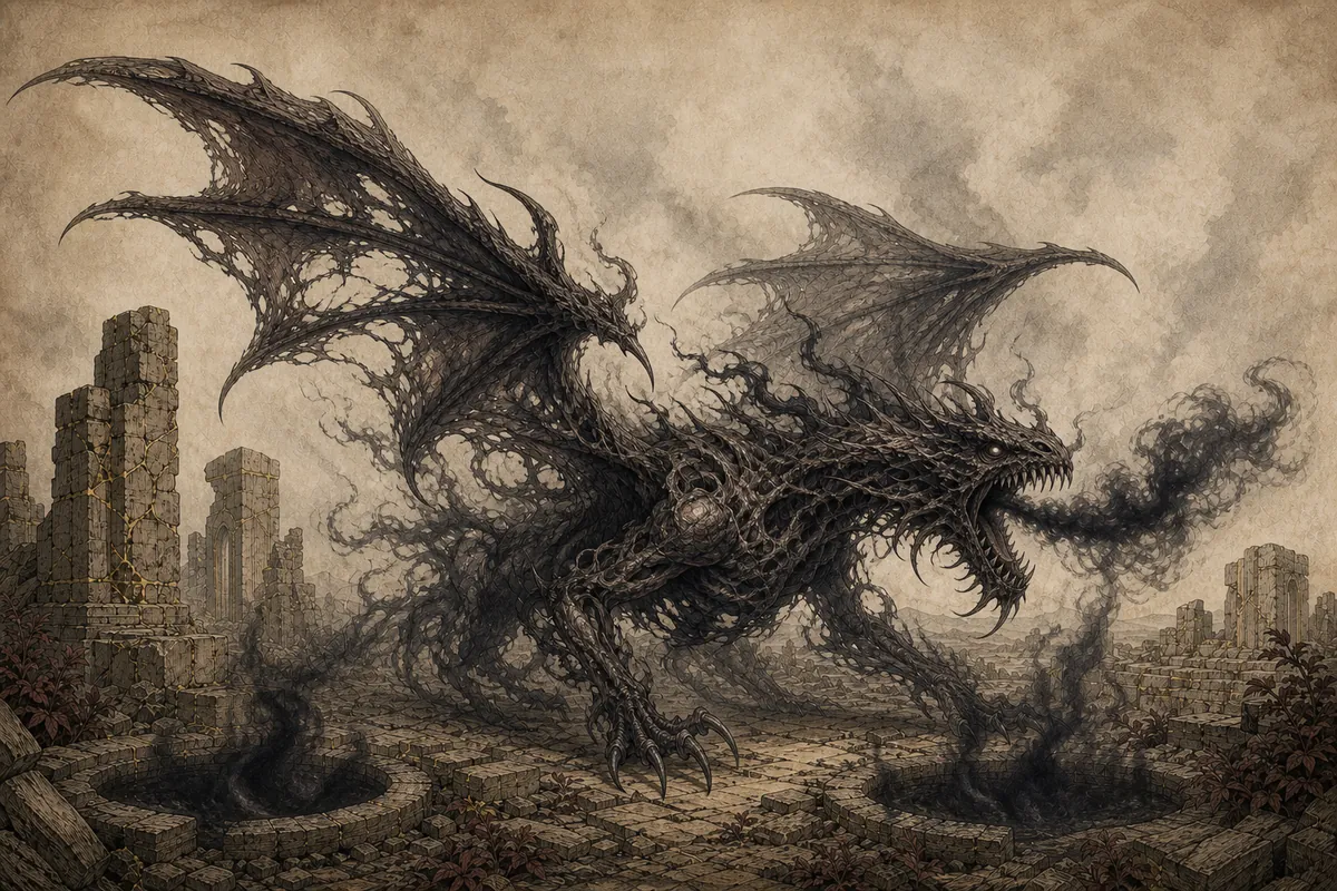 An Abyssal Drake emerges between pools of shadow at an abandoned pact site, dimming the surrounding daylight.