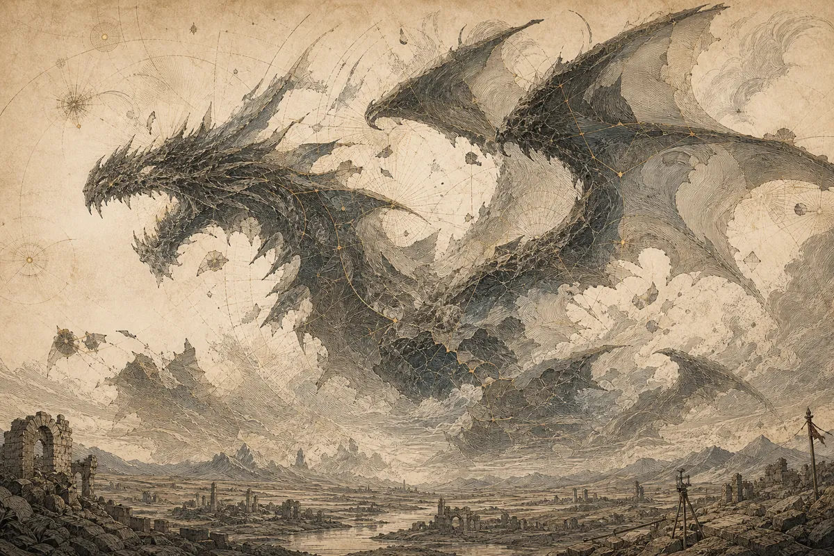 A gargantuan dragon-shaped rupture of memory and relic fragments towers over a ruined valley.