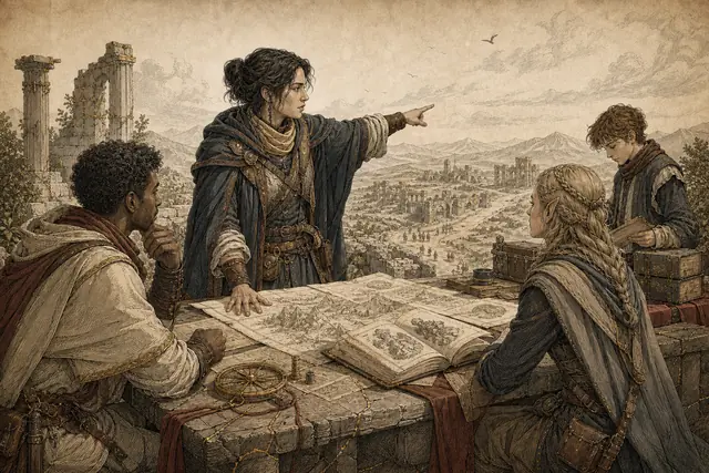 An Academician studies maps with an apprentice and guides allies from a ruined overlook.