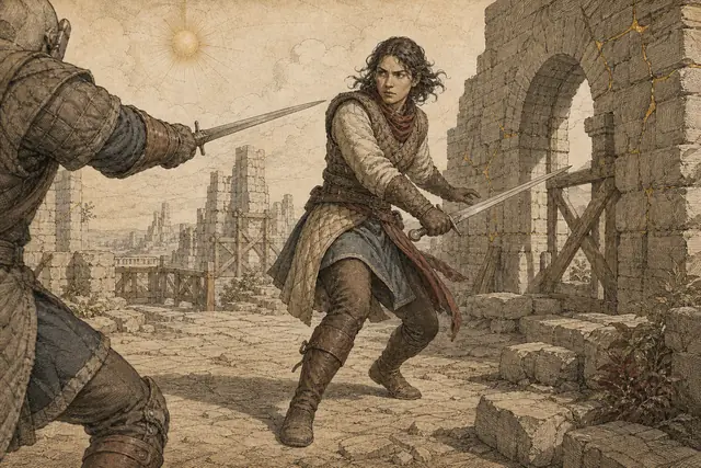A Fighter in guarded footwork evades a blade and prepares a measured riposte among repaired ruins.