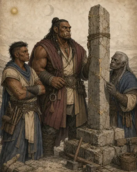 Three Orcs of different ages restore a covenant standing stone in the Reconstruction Age.